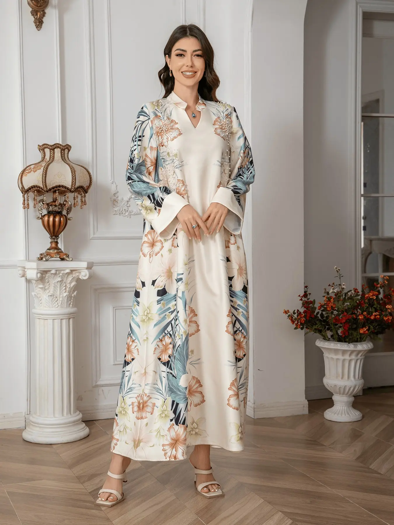 knee length dresses for ladies Diamond-encrusted Webbing Loose Hem Jalabiya Dress – Abayaya