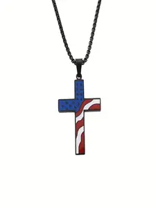 Patriotic American Flag Cross Pendant Necklace, Simple Alloy Religious Jewelry, Daily Wear, Independence Day Accessory, All Seasons