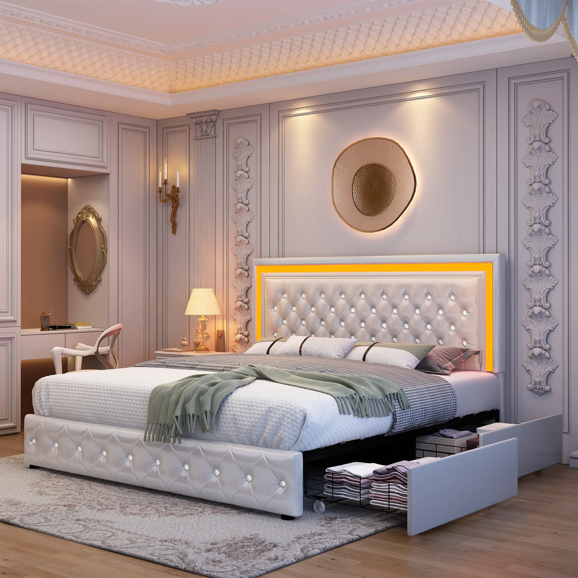 Queen LED Smart Bed Frame with 4 Storage Drawers Adjustable Headboard with Smart Control RGBW LED, Whisper-Quiet Design, Upholstered Bed Wood Slats Su