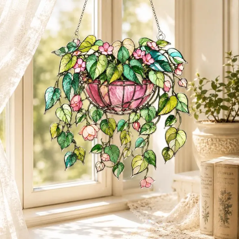 Hanging Ivy Plant Stained Glass Suncatcher, Window Hanging Ornament,Tropical Leaf Stained Glass Art, Boho Home Window Decor,Plant Lover Gift