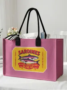 1 piece of sardine can pattern + 'SARDINES' 2D printed large capacity storage bag, extra large storage bag, sturdy handle, space-saving multi-purpose, suitable for use at school, on business trips, and shopping, Tote Bag