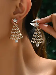 Women's Fashion Dangle Earrings, Statement Earrings, Hollow Out Star Christmas Tree Design, Synthetic Zircon Inlay, Ideal Christmas Gift