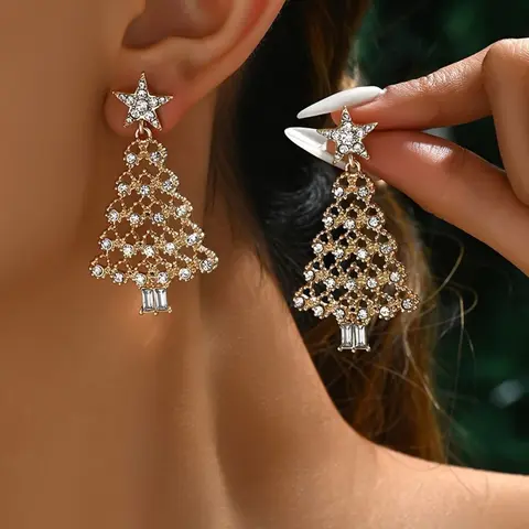 Women's Fashion Dangle Earrings, Statement Earrings, Hollow Out Star Christmas Tree Design, Synthetic Zircon Inlay, Ideal Christmas Gift, Artificial Zircon Earrings, Unique Earrings
