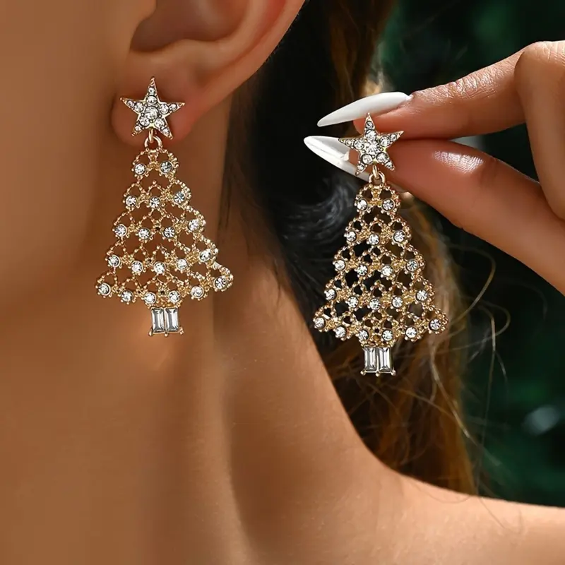 Women's Fashion Dangle Earrings, Statement Earrings, Hollow Out Star Christmas Tree Design, Synthetic Zircon Inlay, Ideal Christmas Gift, Artificial Zircon Earrings, Unique Earrings