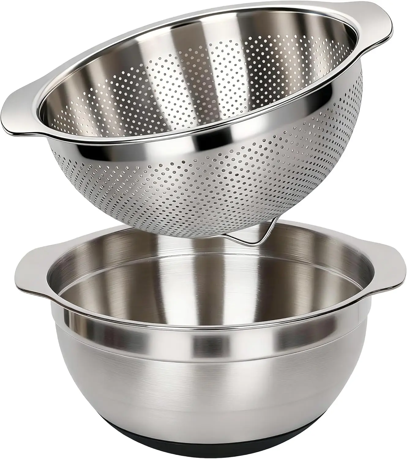 304 Stainless Steel Colander, 2.5 QT/5 QT Capacity and 2.5 QT/5 QT Mixing Bowl, Micropore Strainer for Washing Rice, Fruit, and Veggies, Perfect Draining for Cooked Pasta