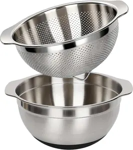 304 Stainless Steel Colander, 2.5 QT/5 QT Capacity and 2.5 QT/5 QT Mixing Bowl, Micropore Strainer for Washing Rice, Fruit, and Veggies, Perfect Draining for Cooked Pasta