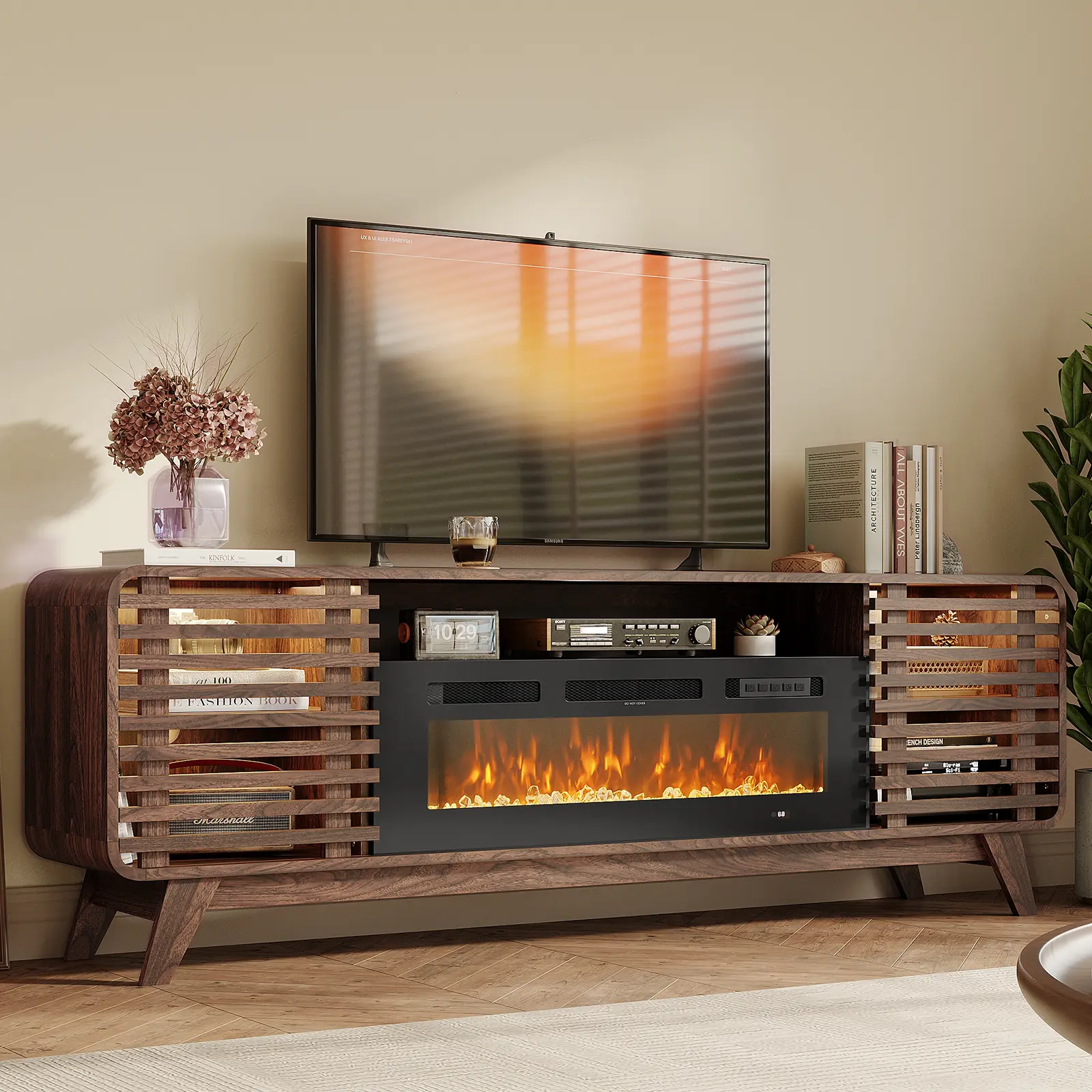 Aoxun 70 Inch Mid‑Century Modern Electric Fireplace TV Stand for TVs up to 80", 36" Electric Fireplace Insert with 12 Color Flame, Remote Control, Slatted Sliding Door Storage Cabinet for Living Room