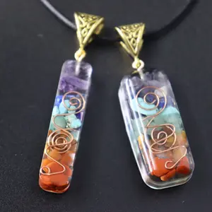 Jewelry natural multicolored crushed stone necklace, hexagonal cone, hexagonal column, resin-coated natural stone pendant