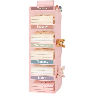 Weekly Clothes Organizer for Kids, 5-Shelf Kid Hanging Closet Organizer w/ 6 Side Pockets, Labeled Weekly Outfit Organizer for Kids, Days of The Week Clothes Organizer Monday Through Friday Pink