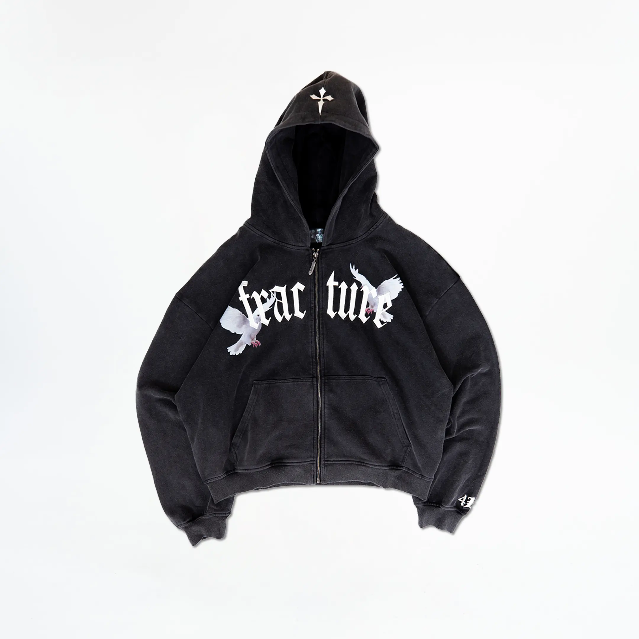 RYUK ZIPUP Angel Cotton Cropped French Terry Hoodie with Custom Angel Feather Zipper & Screen Print Design on Back