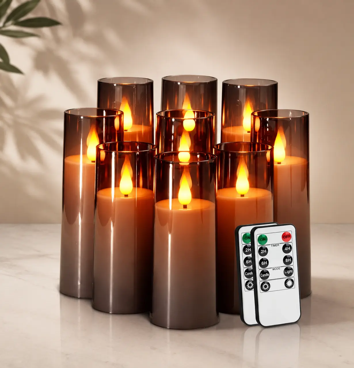 Grey Flameless Pillar Candles Set of 9, Battery-Operated with Remote Control Timer, Dimmable 3D Wick Warm Yellow LED Halloween Lights, Auto-Shut-Off Festival Holiday Decor (D2.2 x H5/6/7 in), Back to School Summer Deals