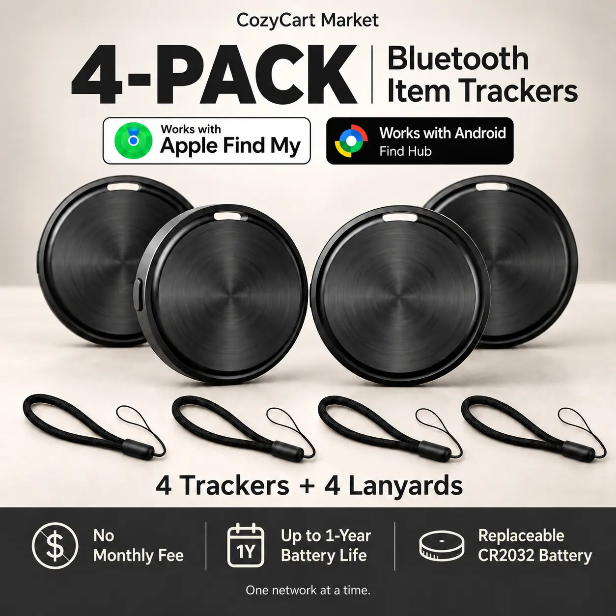 ROEL-PLAY Bluetooth Item Trackers 4-Pack for iPhone or Android, Works with Apple Find My or Google Find Hub, Includes 4 Lanyards, Replaceable CR2032 Battery, Up to 1-Year Battery Life, No Monthly Fee, for Keys, Bags & Luggage