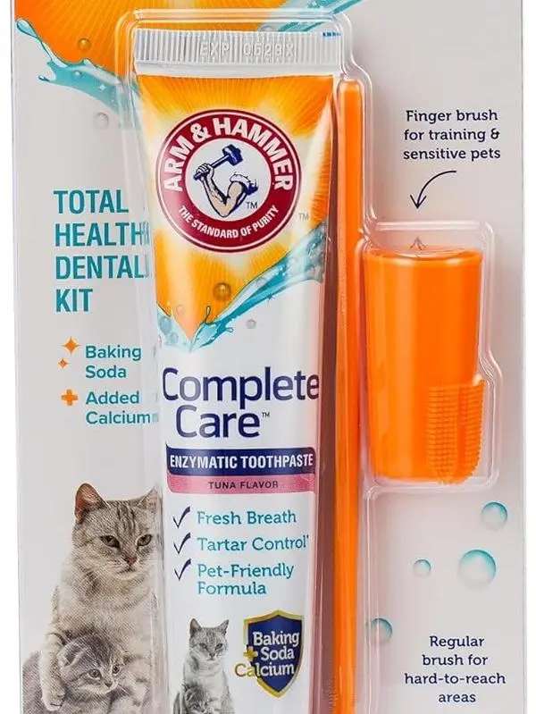 Arm & Hammer Complete Care Cat Dental Complete Kit, Tuna Flavor Enzymatic Liquid Cat Toothpaste, Easy-to-Use Dual-Head Toothbrushes & Finger Brush, Baking Soda + Calcium, Fluoride-Free Formula, 2.5 oz, Plaque Control