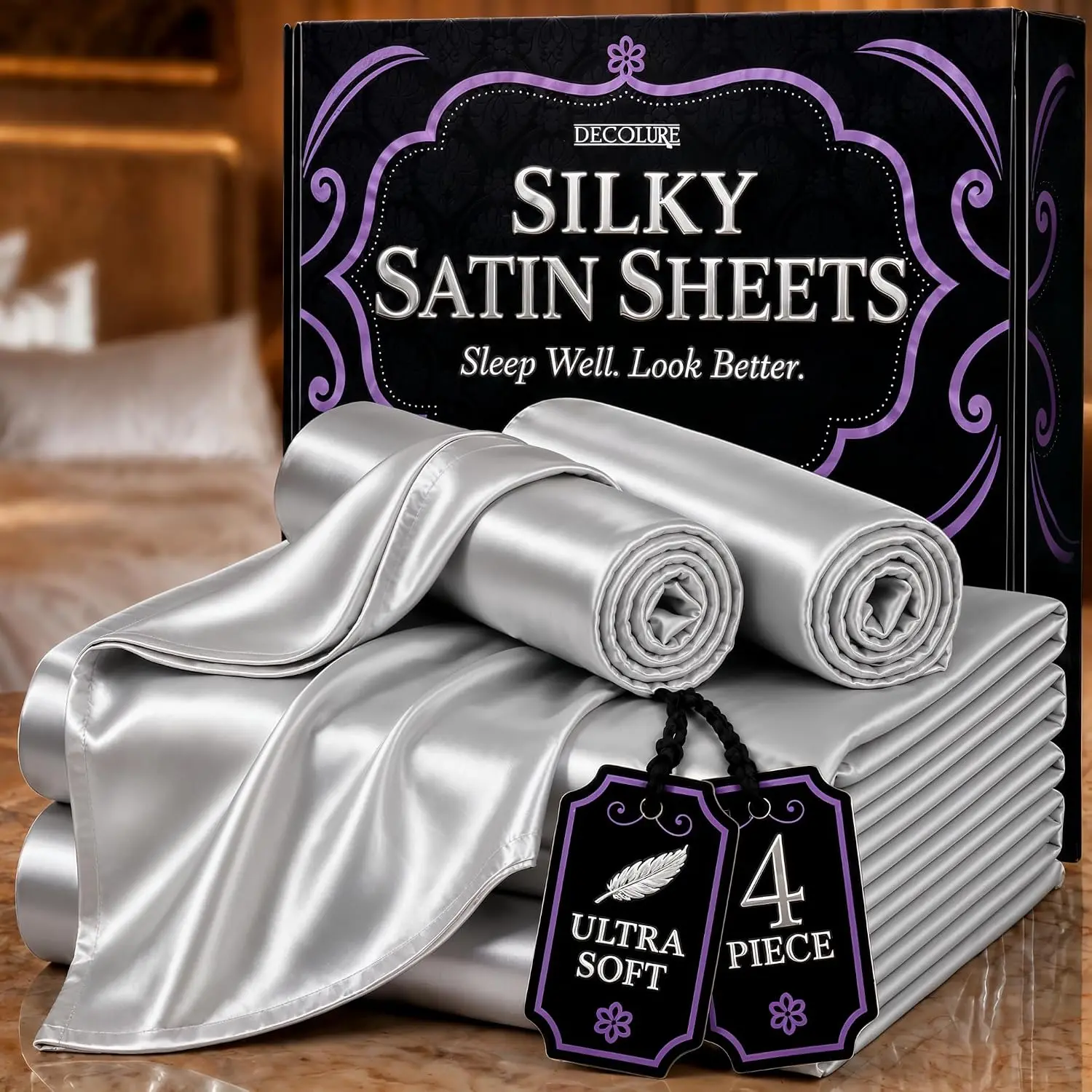 DECOLURE 4-Piece Satin Bed Sheet Set - Silky Fitted Sheet, Hypoallergenic, Double Stitched, Wrinkle-Free, 15" Deep Pockets, Elastic Edges for Secure Fit, Luxuriously Soft Bedding