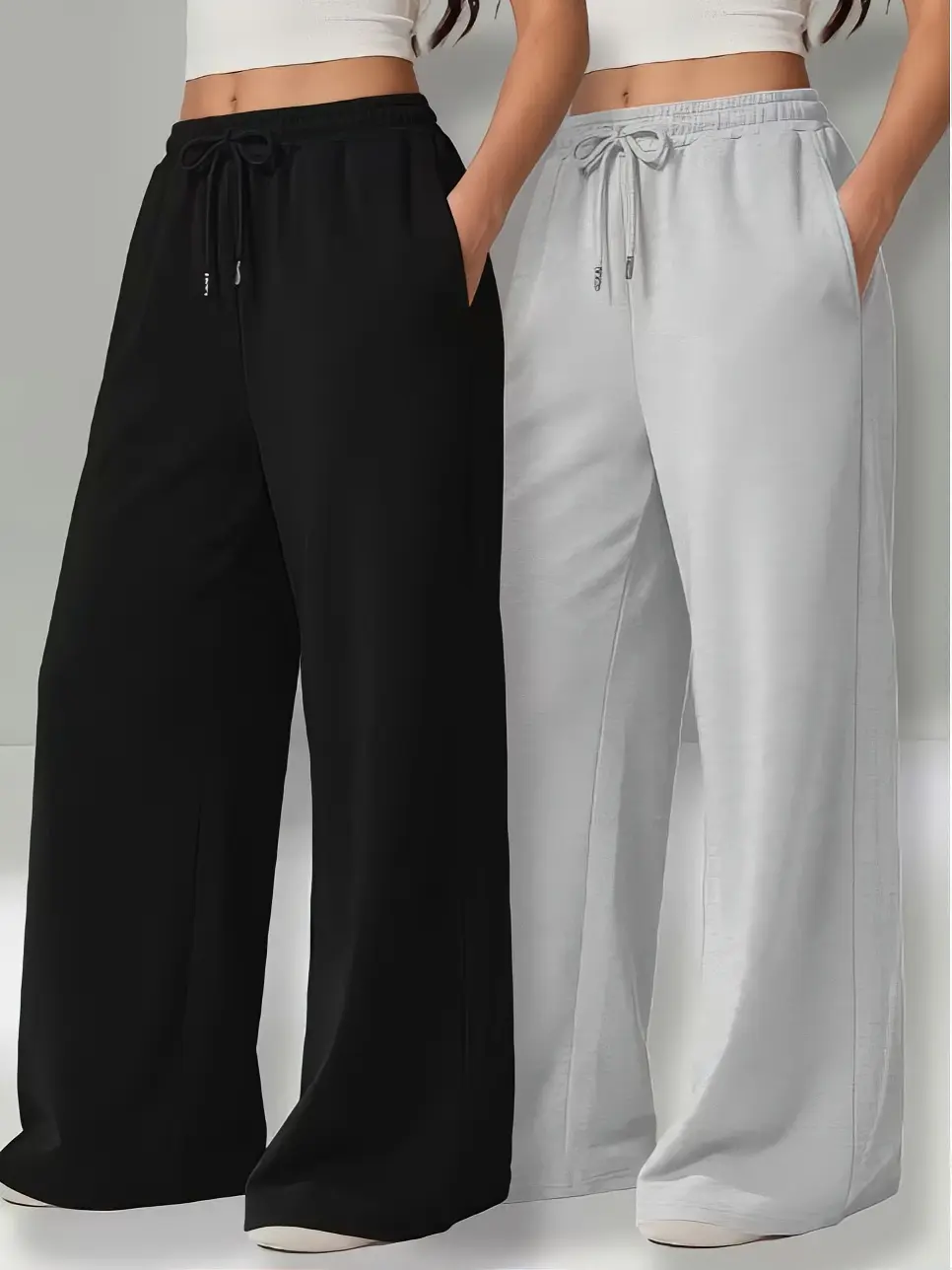 Women's Autumn-Winter 2-Piece High-Waisted Elastic-Waist Wide-Leg Casual Versatile Pants Set