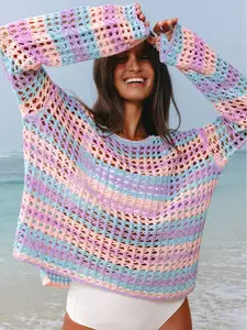 Multi Stripe Open Knit Sweater Beach Cover Up, The Drop Shoulder Style Adds a Relaxed and Casual Vibe.