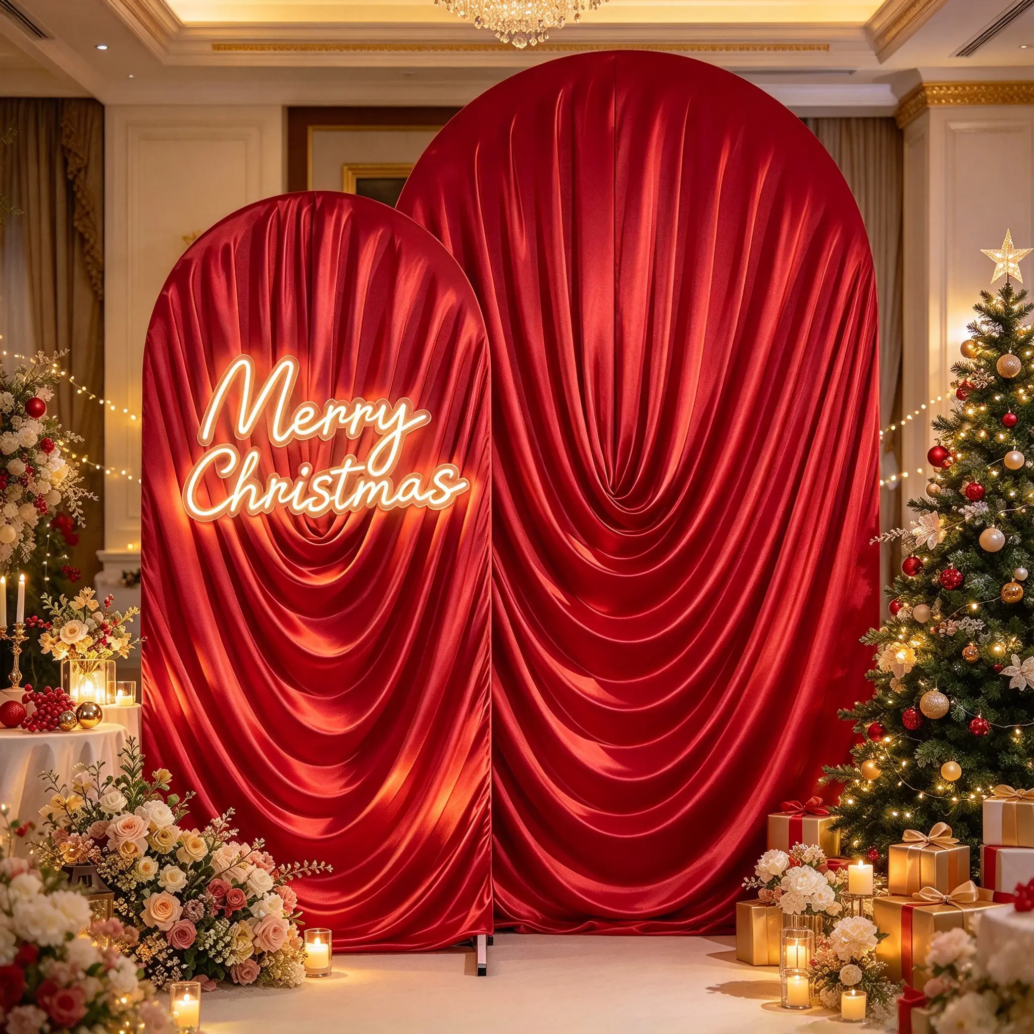 2-Piece Stretch Fit Christmas Spandex Arch Backdrop Cover, Wrinkle-Free Draped Pleated Elastane Wrap for 6+7.2 ft Arched Frames, Elegant Event Backdrop for Weddings & Holiday Party Decor (Frame Stand Not Included)