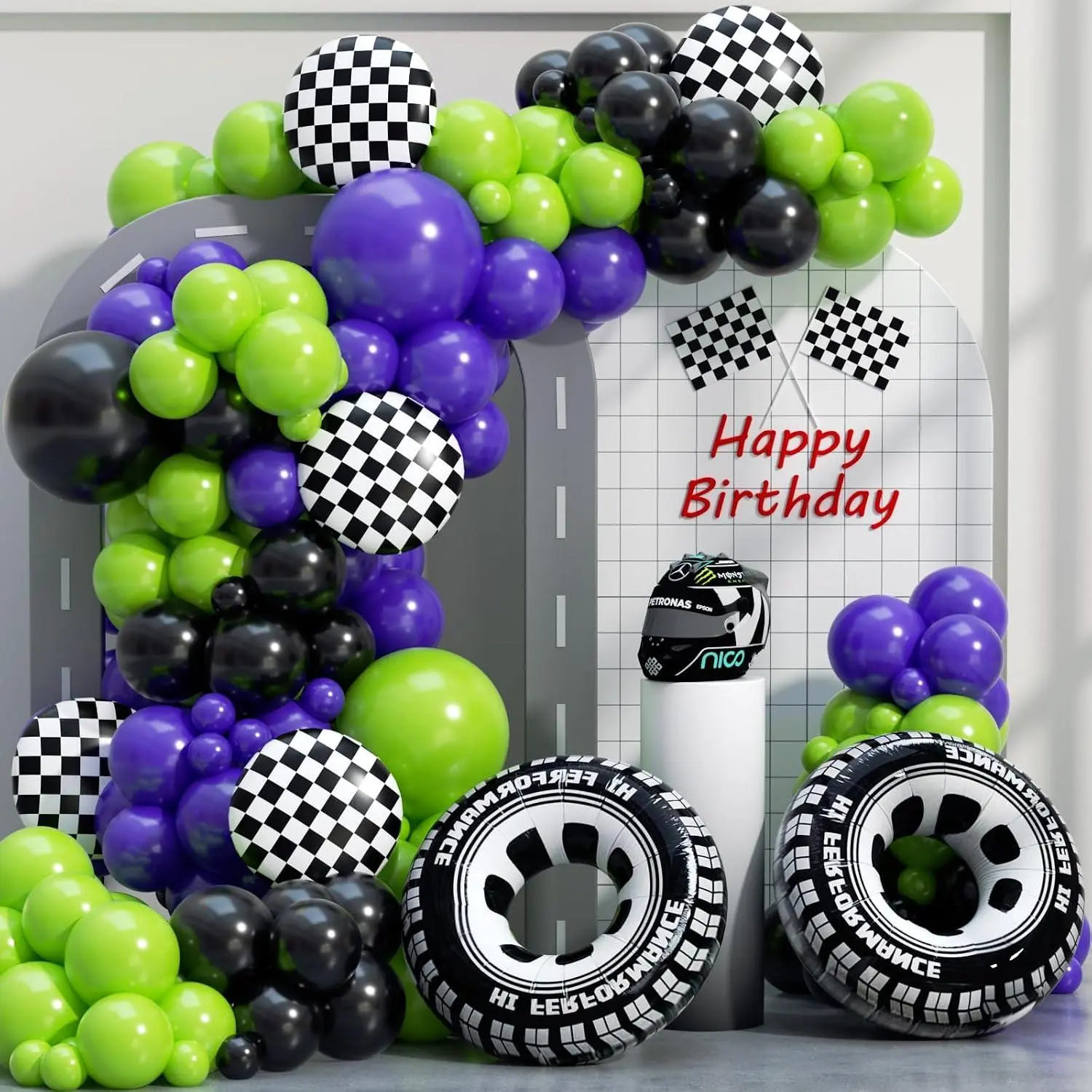 Monster Truck Balloon Arch Garland Kit 156Pcs, Green Purple Black Silver Big Wheels Race Car Balloons Arch Kit For Two Fast Theme Boy Birthday Anniversary Monster Truck Party Decorations
