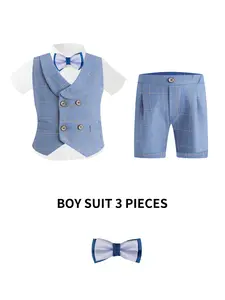 Boys Spring/Summer Plaid 3 Piece Set, Shawl Collar Vest + High-Waisted Plaid Shorts + Bow Tie, Breathable & Comfortable, Perfect for Family Gatherings & Outdoor Photos, No Shirt Included--XT8859
