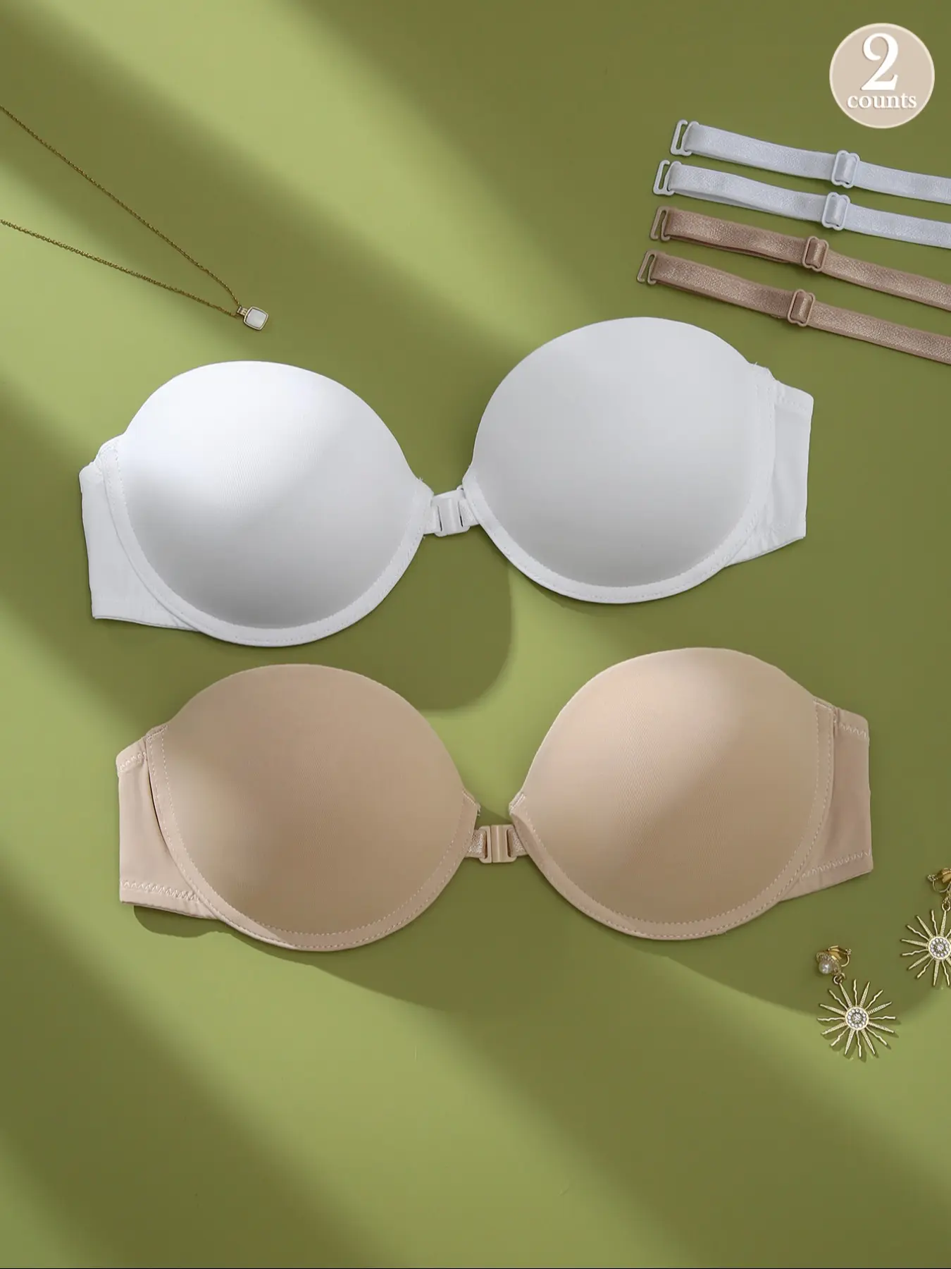 Women's Front Buckle Strapless Bra, Push-Up Underwire Backless Seamless Minimalist Design, Medium Support, All-Season Basic Everyday Wearable, Sexy Plain Pattern Underwear