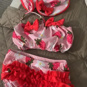 Toddler Baby Girl Three Piece Bathing Suit Swimsuit Summer Bikini Top Trunks Shorts with Sun Hat Swimwear