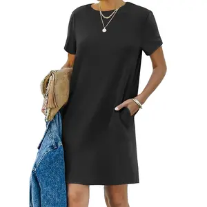 ANRABESS Womens Short Sleeve Crewneck Striped Casual Slit Shift TShirt Mini Dresses with Pockets 2026 Summer Basic Fashion Vacation  Outdoor  Dress