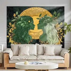 1pc Sun and Moon Goddess Mandala Tapestry - Vibrant Green & Golden, Machine Washable Polyester Fabric Wall Hanging, Perfect for Festive Home & Party Decor, Celestial Decor