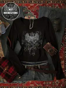 Women's Slim Fit Long Sleeve T-Shirt, Heart Wings Star Print, Spring & Fall Fashion Graphic Tee, Comfortable and Trendy Casual Wear