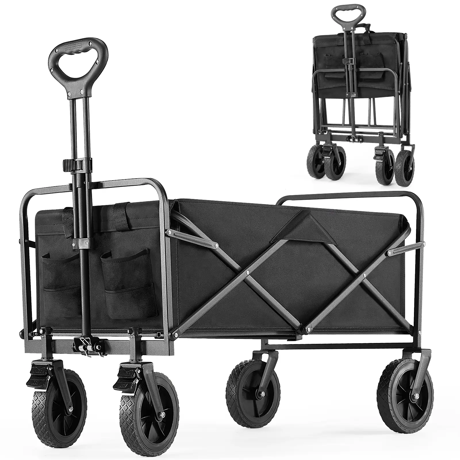 Camping Furniture Collapsible Foldable Wagon Cart, Large Capacity Garden Beach Cart with Wheels, Heavy Duty Utility Grocery Wagon with Drink Holders