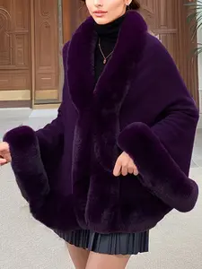 Women's Faux Fur Trim Shawl Cape, Comfortable Acrylic Knit Winter Outerwear, Perfect for Parties Weddings Evening Dresses, Elegant Gift