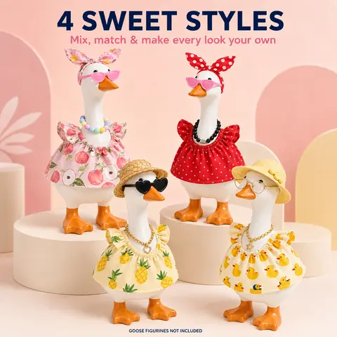 16-Piece Mini Desk Goose Outfit Set, 4 Ruffle Dresses with 2 Bunny Ear Headbands, 2 Sun Hats, 4 Glasses and 4 Necklaces, Fruit Duck Polka Dot Dress-Up Accessories for Goose Figurines