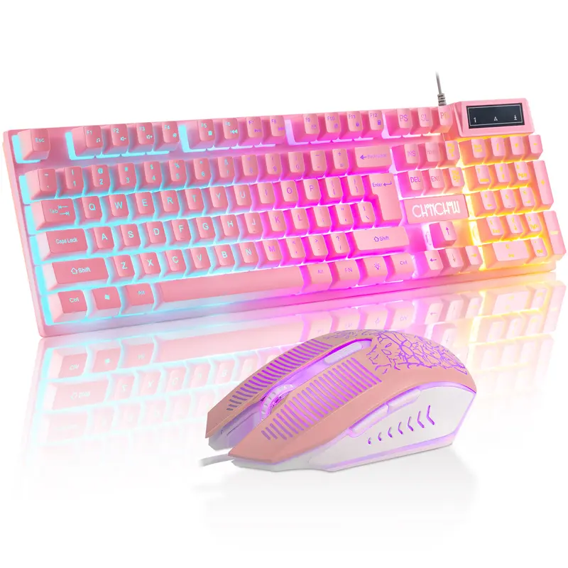CHONCHOW Pink LED Backlit Gaming Keyboard & Ergonomic Gaming Mouse Combo - 104-Key Wired, 19-Key Anti-Ghosting, Enchanted RGB Lighting, Multimedia/Number Pad, Smart Command Control for PC, Laptop, Gamer Stuff