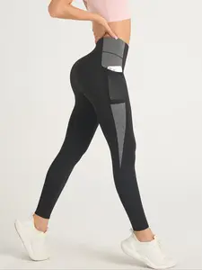 Women's Patchwork Colorblock Yoga Pants, Mesh Fabric Pocket Design, High Waist,High Elasticity Sporty Leggings for All Seasons