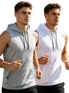 2-Pack Hooded Sporty Tank Tops for Men, Breathable Summer Wear, Running Hiking Casual, Kangaroo Pocket Design, Loose-Fit Style, Casual Workout Tops