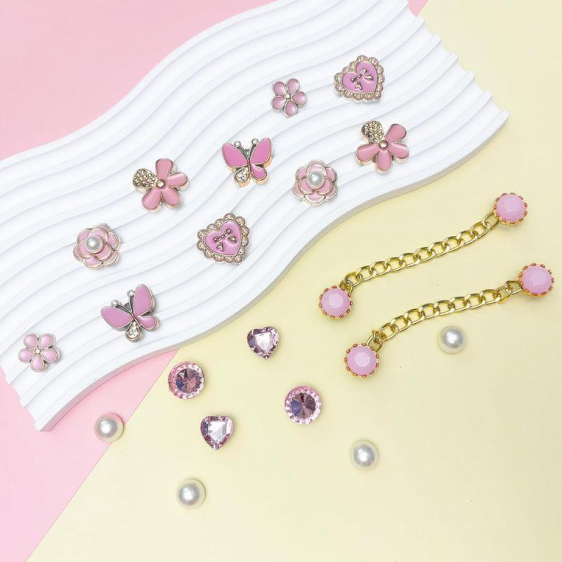 20pcs Bling Plastic Butterfly Flower Sparkling Rhinestones Diy Shoe Decoration Charms For Women's Party Favor Pink Footwear Pearl