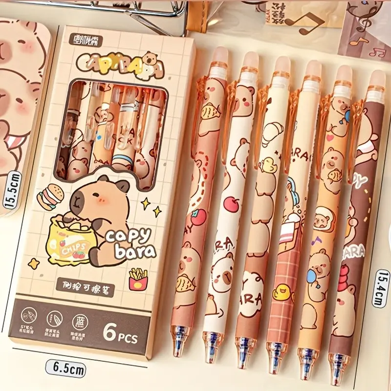 6 Packs Capybara Erasable Gel Ink Pens 0.5mm Fine Point - Cute Retractable Erasable Pens Smooth Writing Quick Dry Blue Ink Pens, Kawaii Cartoon Aesthetic Animal Rollerball Pens School Office Supplies Journals Note Taking Stationery Gifts Gel Pens Set
