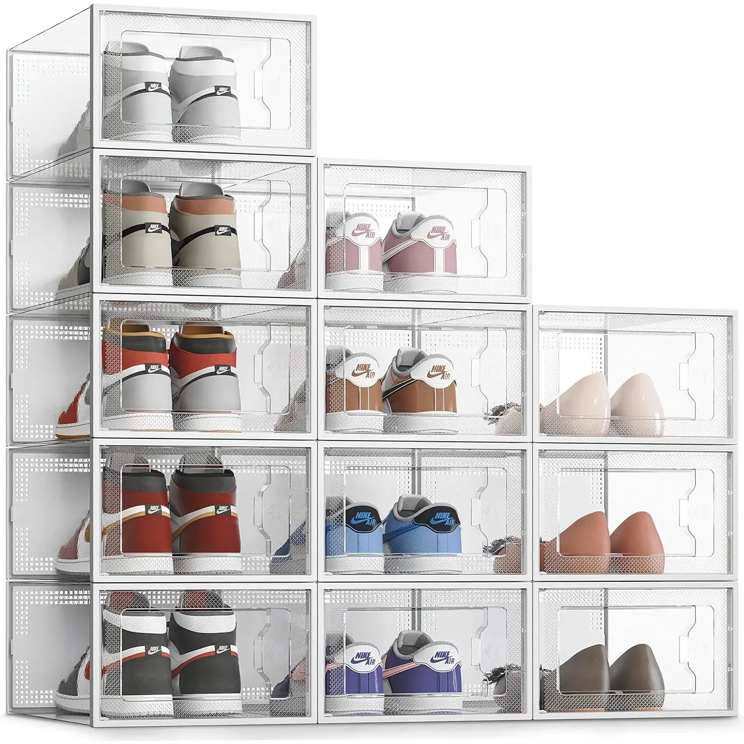 SRPING XX-Large Shoe Storage Box Fit Size 14, Clear Plastic Stackable Shoe Organizer for Closet, Shoe Rack Sneaker Containers Bins Holders, Drawer Organize Unit, 12 Pack Clear