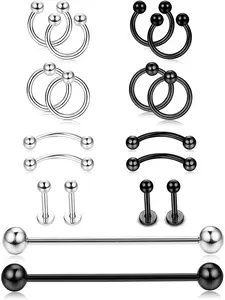 9Pairs  16g Nose Ring With Bar Industrial Stainless Steel For Women Men Lip Rings Eyebrow Nipple Circular Septum Barbell Cartilage Tragus Earrings Body Piercing Jewelry