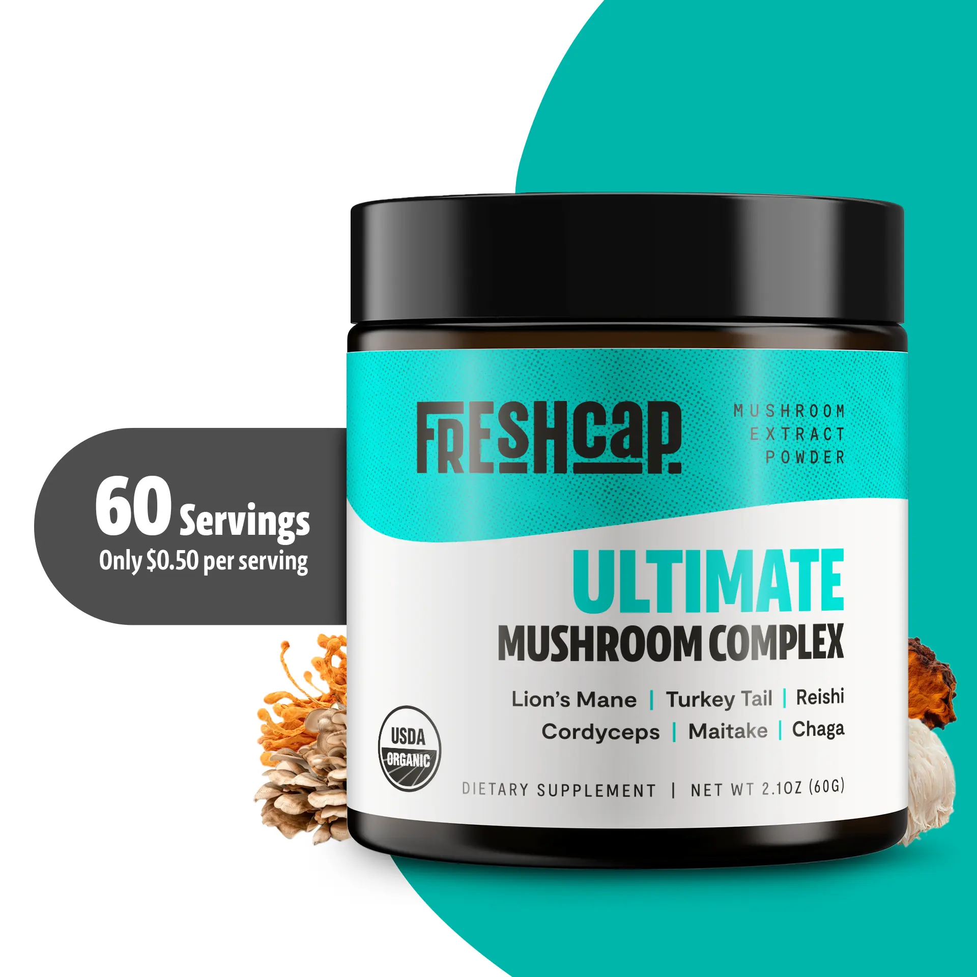 60 Servings FreshCap Organic Ultimate Mushroom Supplement Powder 12,000mg -Nootropic Drink mix to Boost your Brain function for Memory and Help you Focus