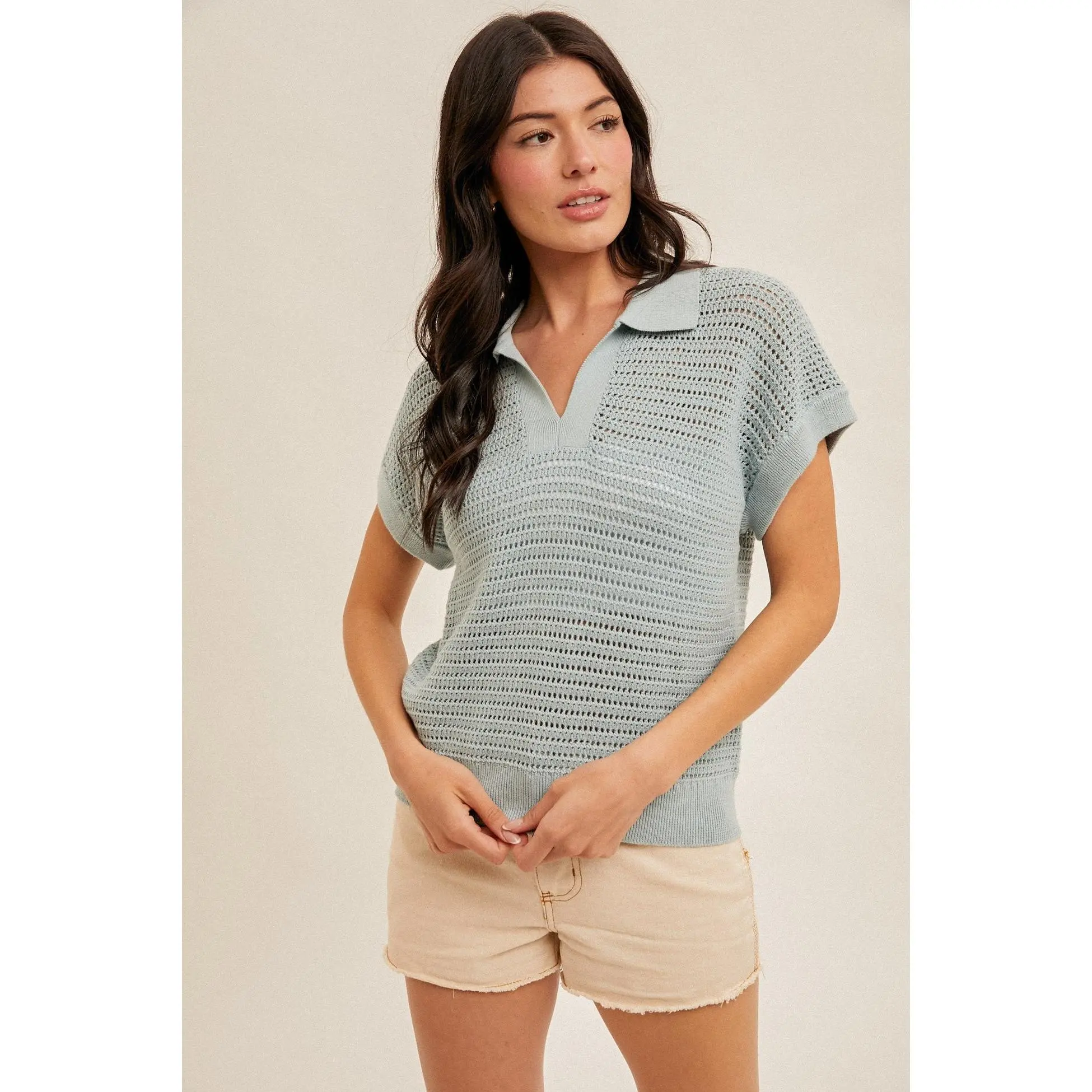 Blue Fishnet Open Collar V-Neck Sweater Top