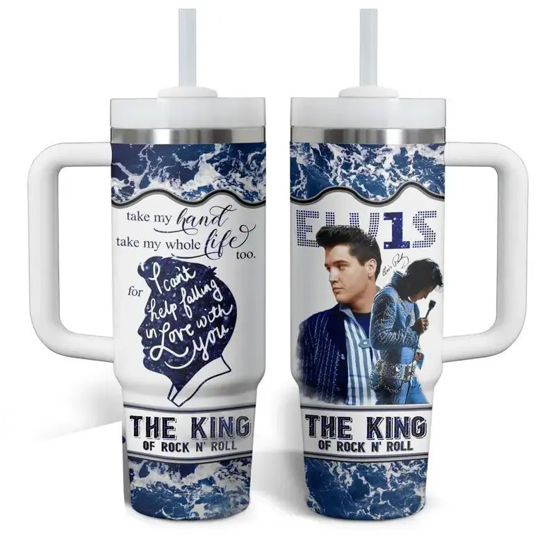 Elvis Presley 40oz Insulated Tumbler With Handle, Gift For Fan The King Of Rock And Roll, Retro Rock Music Tumbler, Vintage Psychedelic Music Fan Cup, Rock Legend Artwork Stainless Steel Mug, Musician Fan Drinkware Flasks