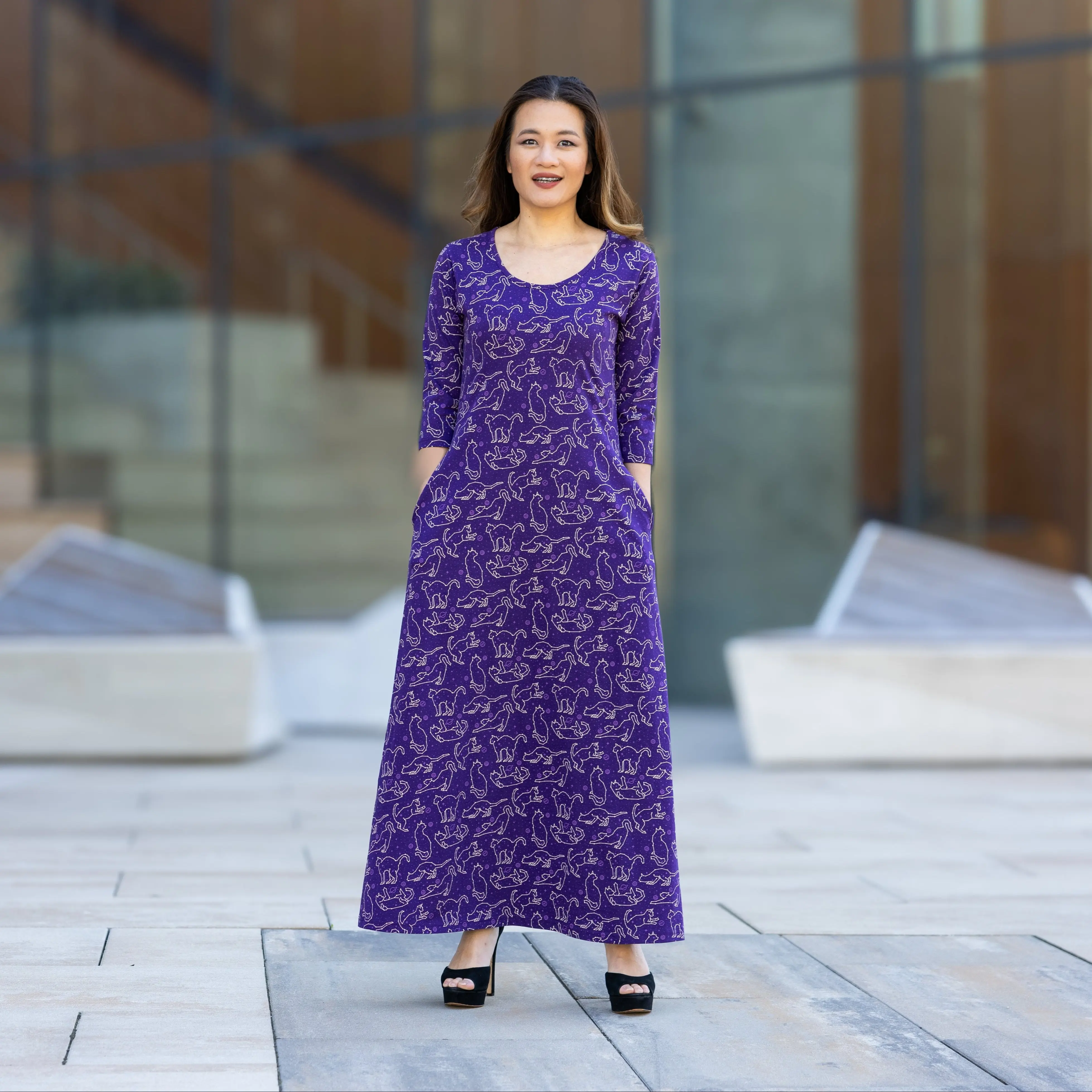 Cats Constellations Glow-in-the-Dark Maxi Dress with Pockets