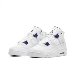Retro Mid-Top Sneakers in White Leather with Mesh Panels, Metallic Purple Plastic Wing and Lace Locks, Featuring Visible Air Cushioning