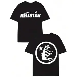 T-Shirt Top Menswear with Bold Graphic Design and Star Logo Streetwear Tshirt for Men Black Round Neck Crewneck