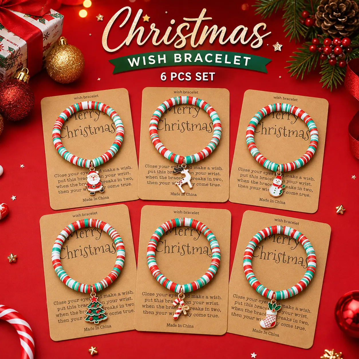 6Pcs Christmas Bracelets with Xmas Charms Stretch Bracelets for Women & Teens Stocking Stuffers Perfect Holiday Christmas Gifts