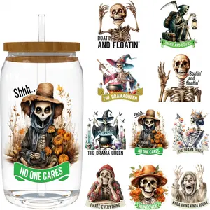 4 Sheets 16oz UV DTF Cup Wrap - Removable - DIY UV DTF Transfer Papers for Mug Cups,Notebook - Easy-Peel UV DTF Transfers for Smooth Surfaces (Funny Skeleton)