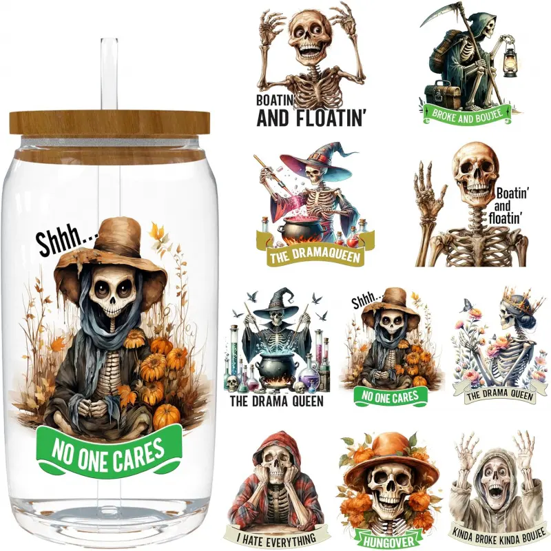 4 Sheets 16oz UV DTF Cup Wrap - Removable - DIY UV DTF Transfer Papers for Mug Cups,Notebook - Easy-Peel UV DTF Transfers for Smooth Surfaces (Funny Skeleton)