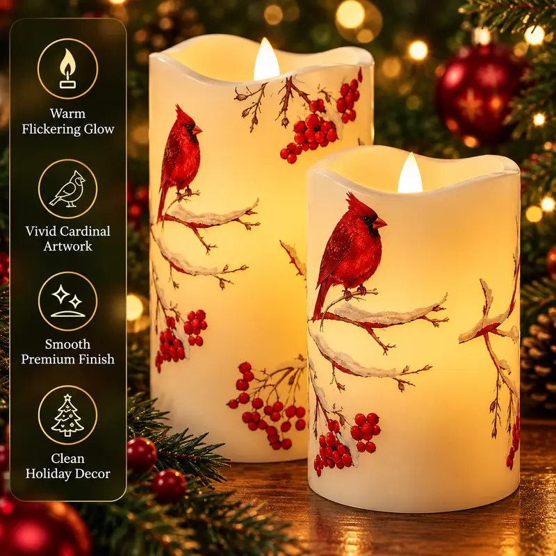 3-Piece Cardinal Bird & Berries Flameless LED Pillar Candles - Battery ...