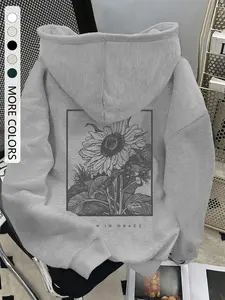 Women's Sunflower Print Hoodie, Casual Loose-Fit Drawstring Pocket Sweatshirt, Fall Winter Fashion, Daily Wear, Ladies Home Clothes