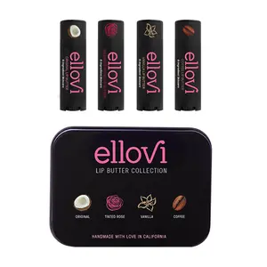 Ellovi Lip Butter Collection - 4 Popular Flavors-Vanilla, Original, Coffee, Wild Rose Tinted in Reusable Tin for Purse or Gift